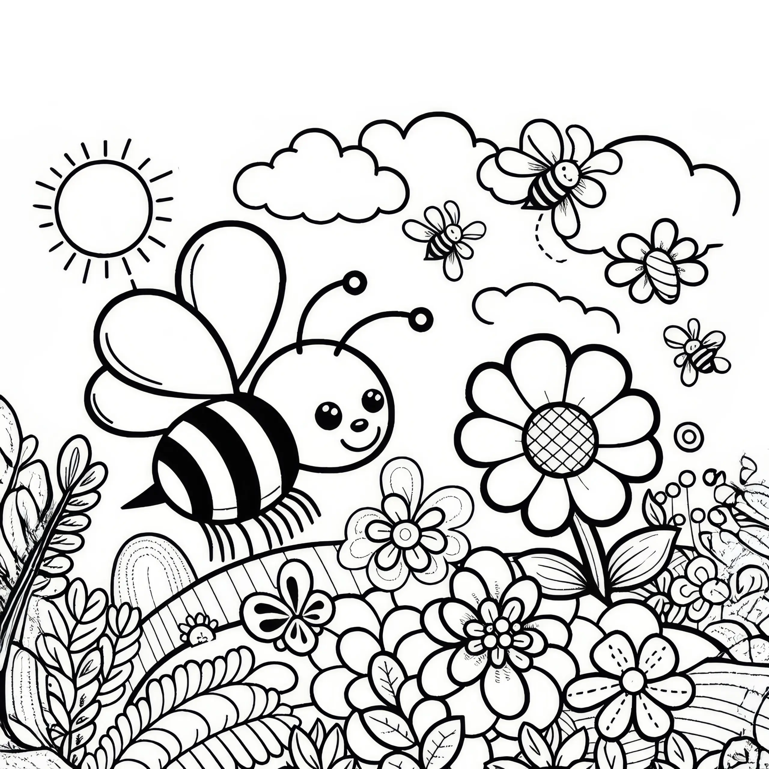 Bienen über Blumenwiese im Frühling: Ausmalbild