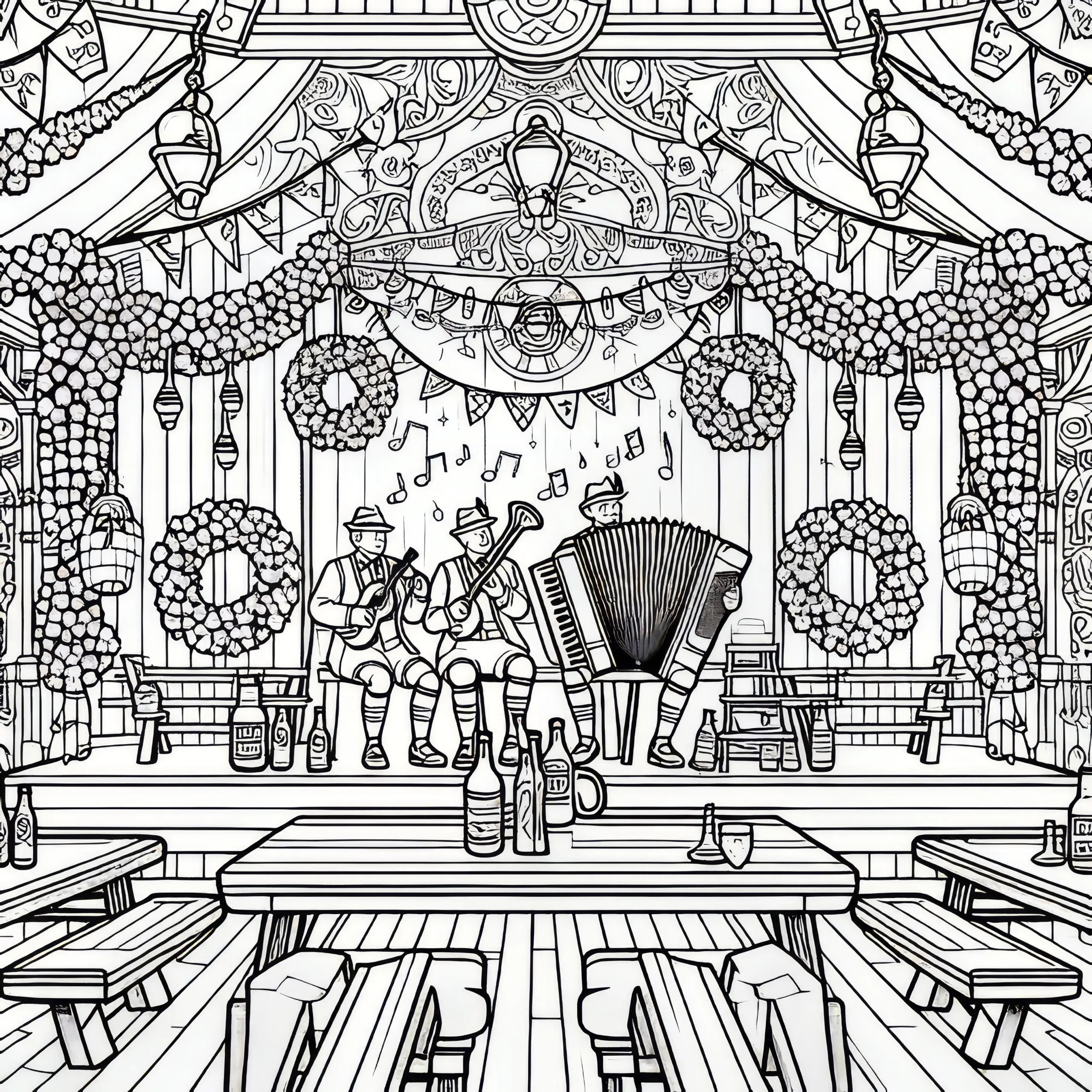 Bierzelt zum Oktoberfest mit Girlanden, Bänken und Musikanten als Malvorlage (Gratis) (Ausmalbild)