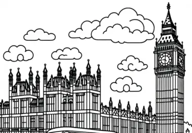 Big Ben London mit Doppeldeckerbus Malvorlage Europa gratis