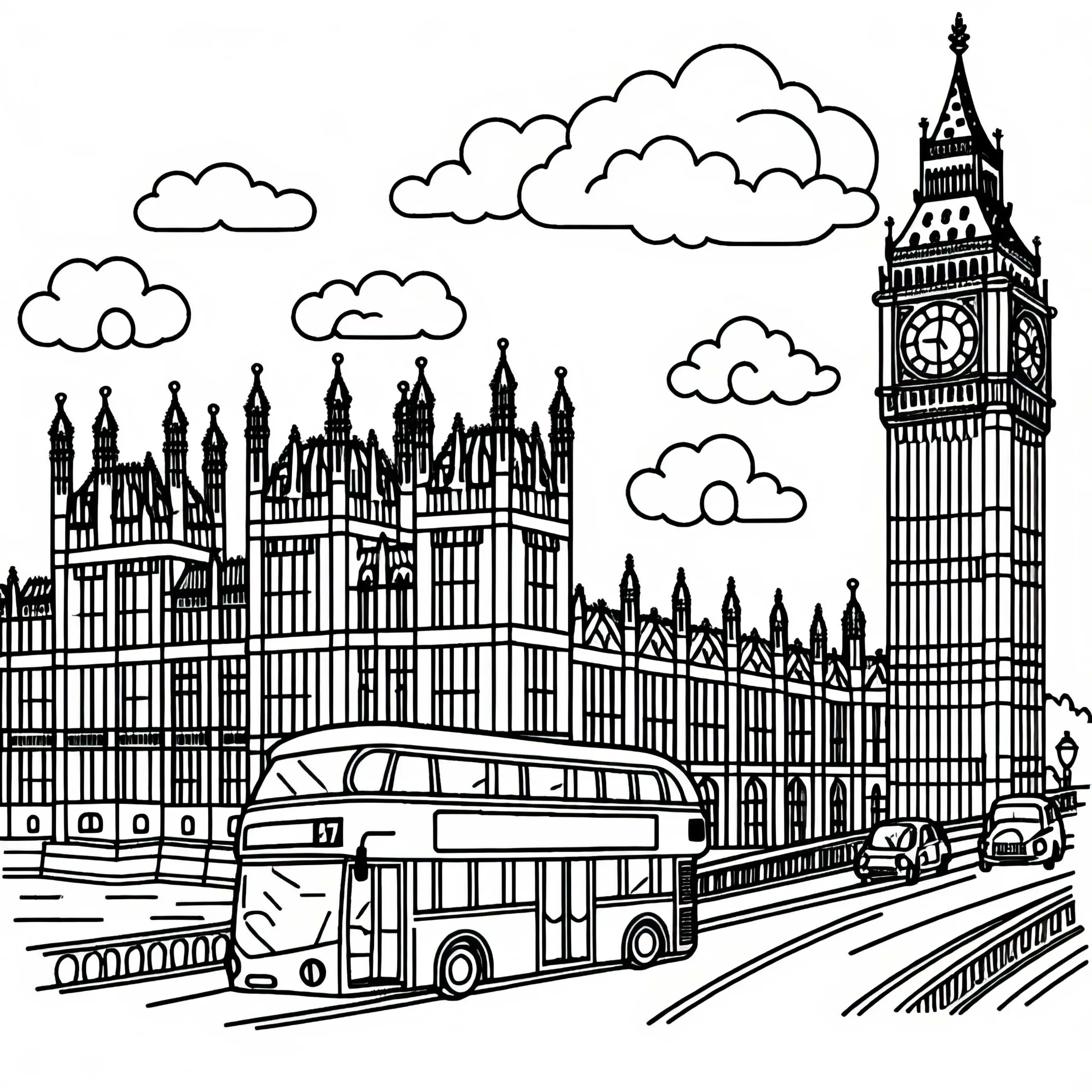 Big Ben London mit Doppeldeckerbus Malvorlage Europa gratis (Ausmalbild)