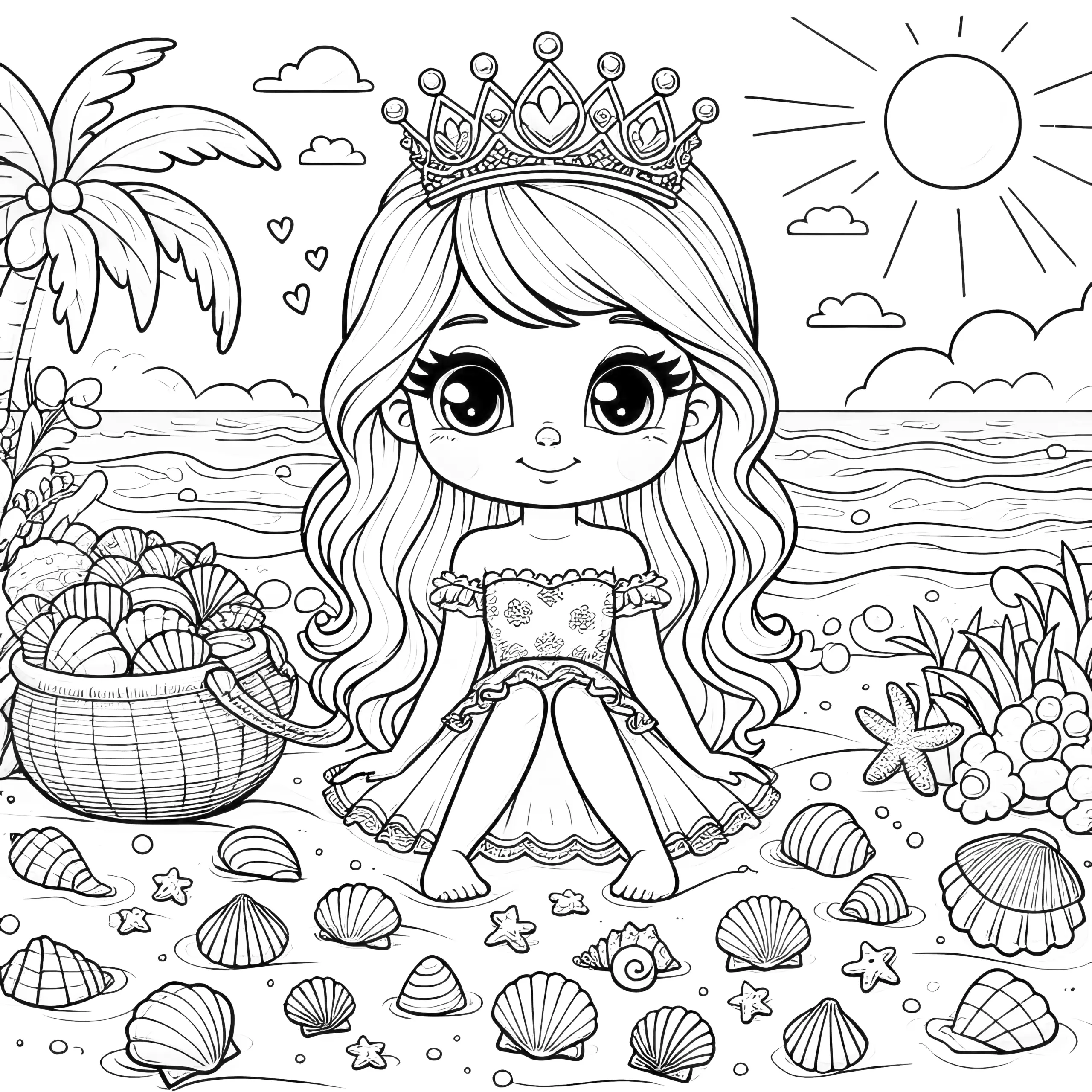 Bild zum Download: Prinzessin am Strand mit vielen Muscheln (Kostenlos) (Ausmalbild)