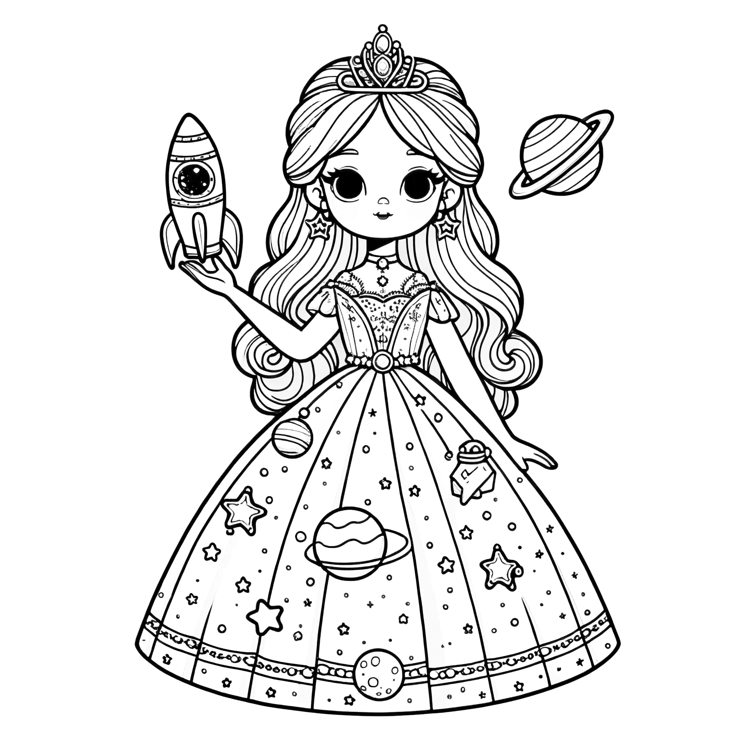 Bild zum Download: Prinzessin mit Rakete im Planetenkleid (Ausmalbild)