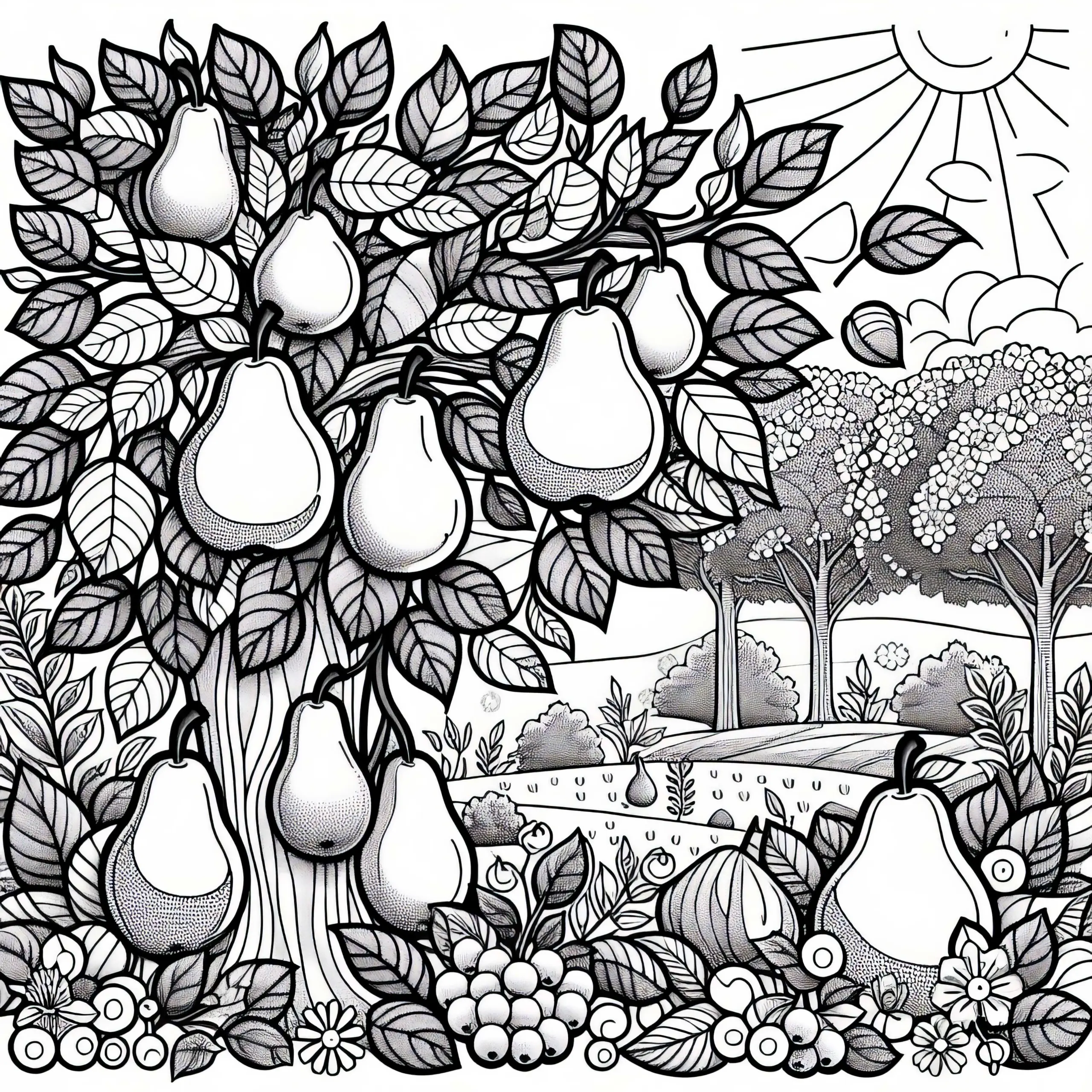Birnbäume mit Früchten in sonnigem Garten – Malvorlage gratis (Ausmalbild)