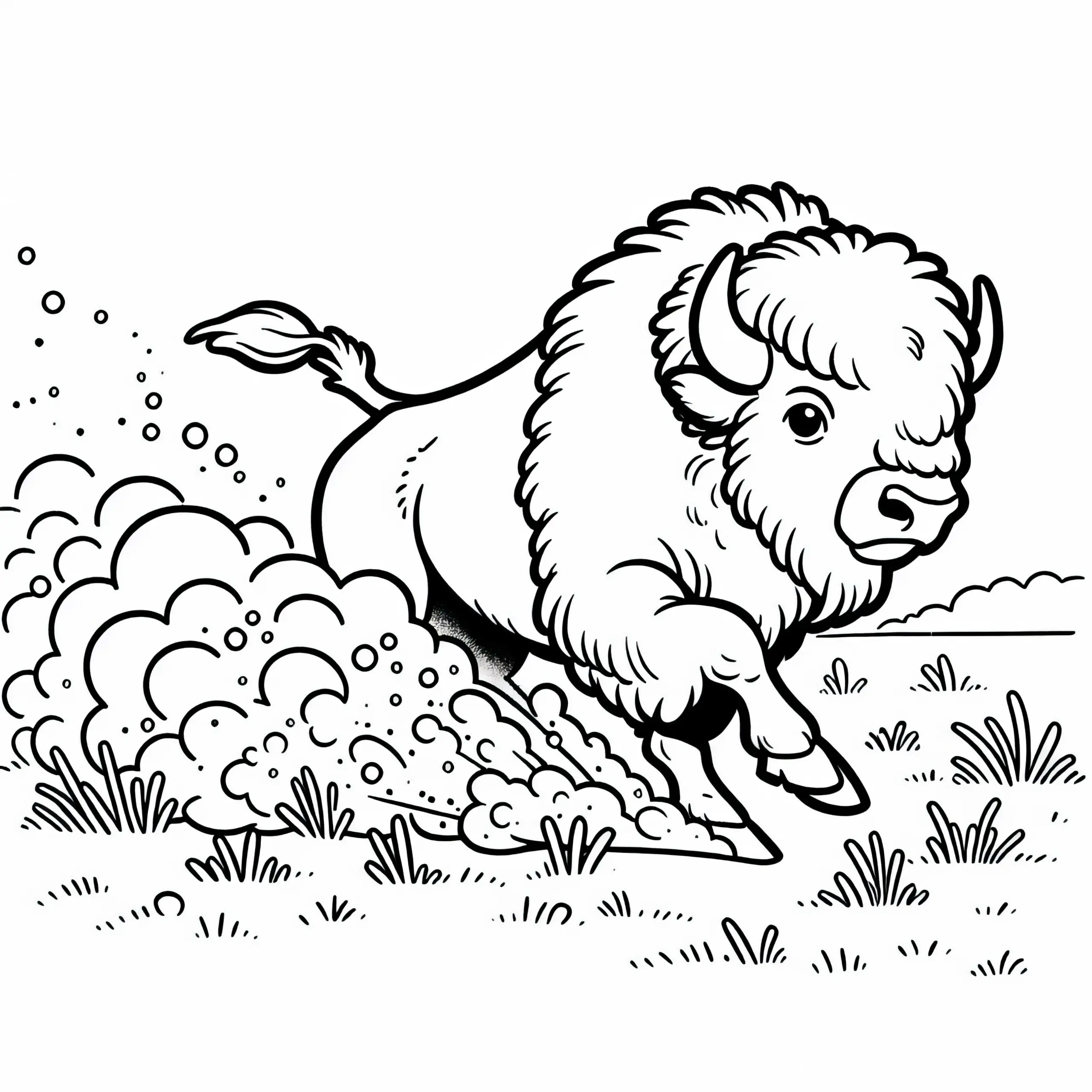 Bison wirbelt Staub auf während es über Prärie rennt – Malvorlage gratis (Ausmalbild)