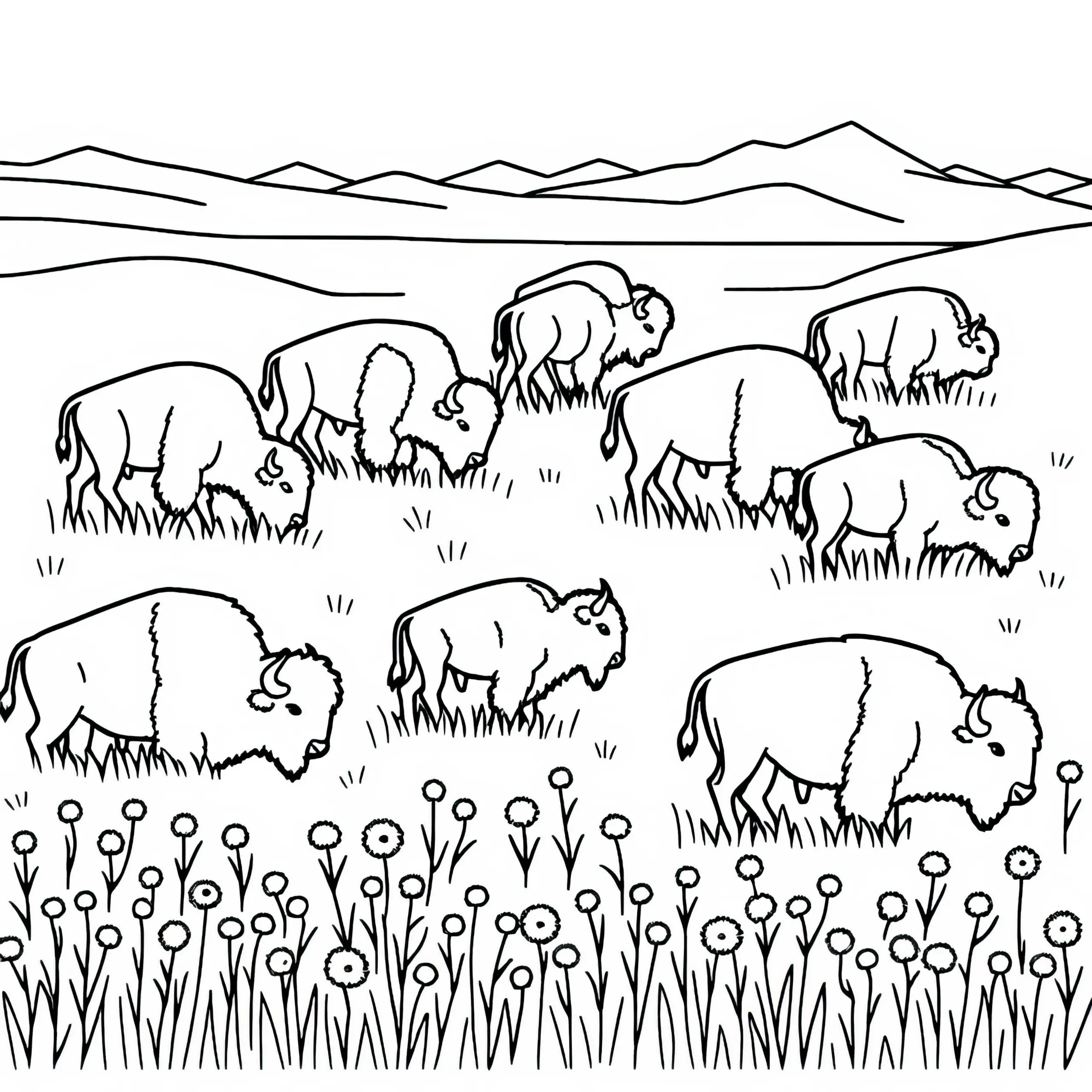 Bisonherde grast friedlich auf Wiese – Malvorlage einfach gratis (Ausmalbild)