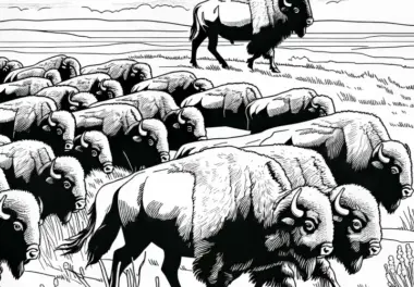 Bisonherde zieht durch die Steppe – Ausmalbild kostenlos