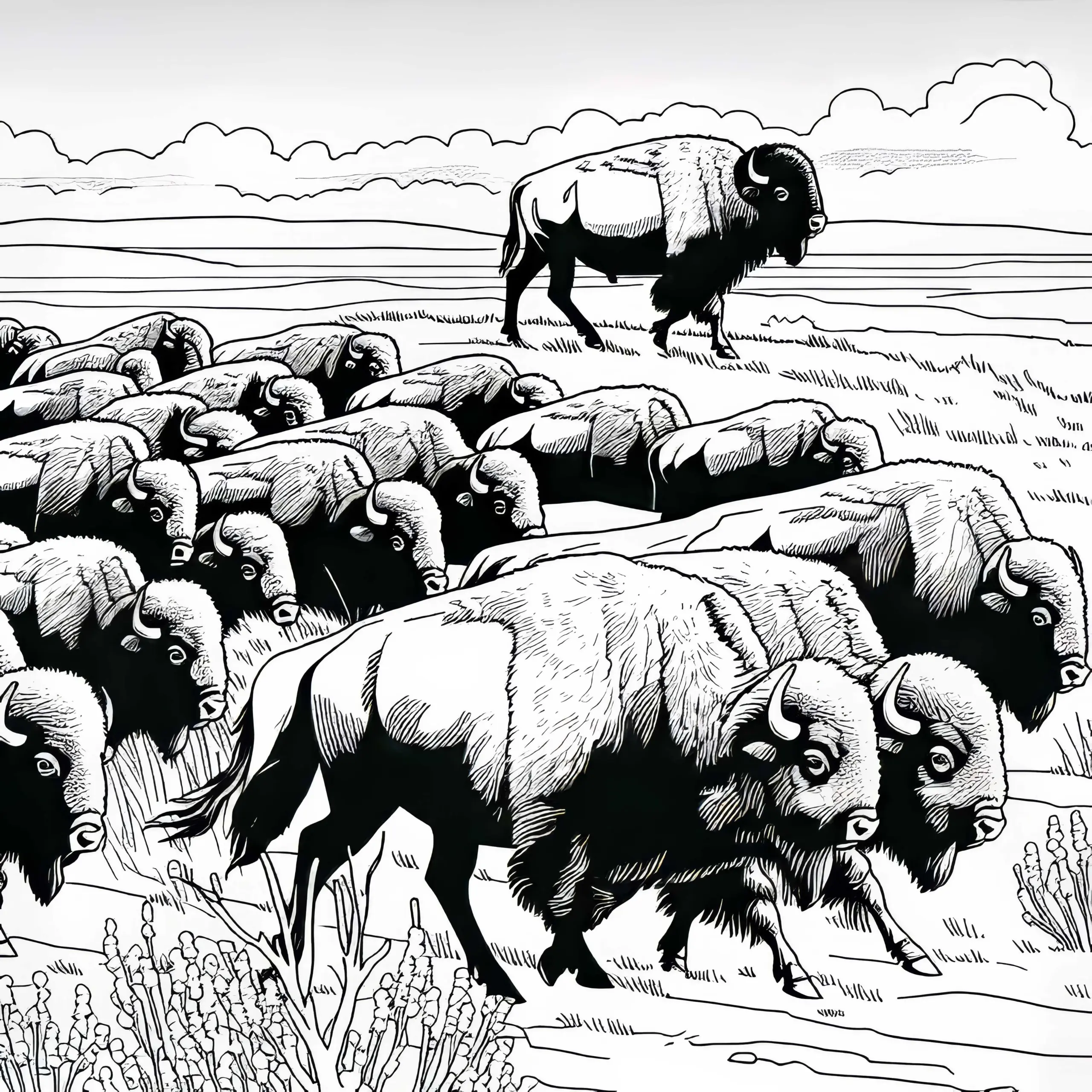 Bisonherde zieht durch die Steppe – Ausmalbild kostenlos