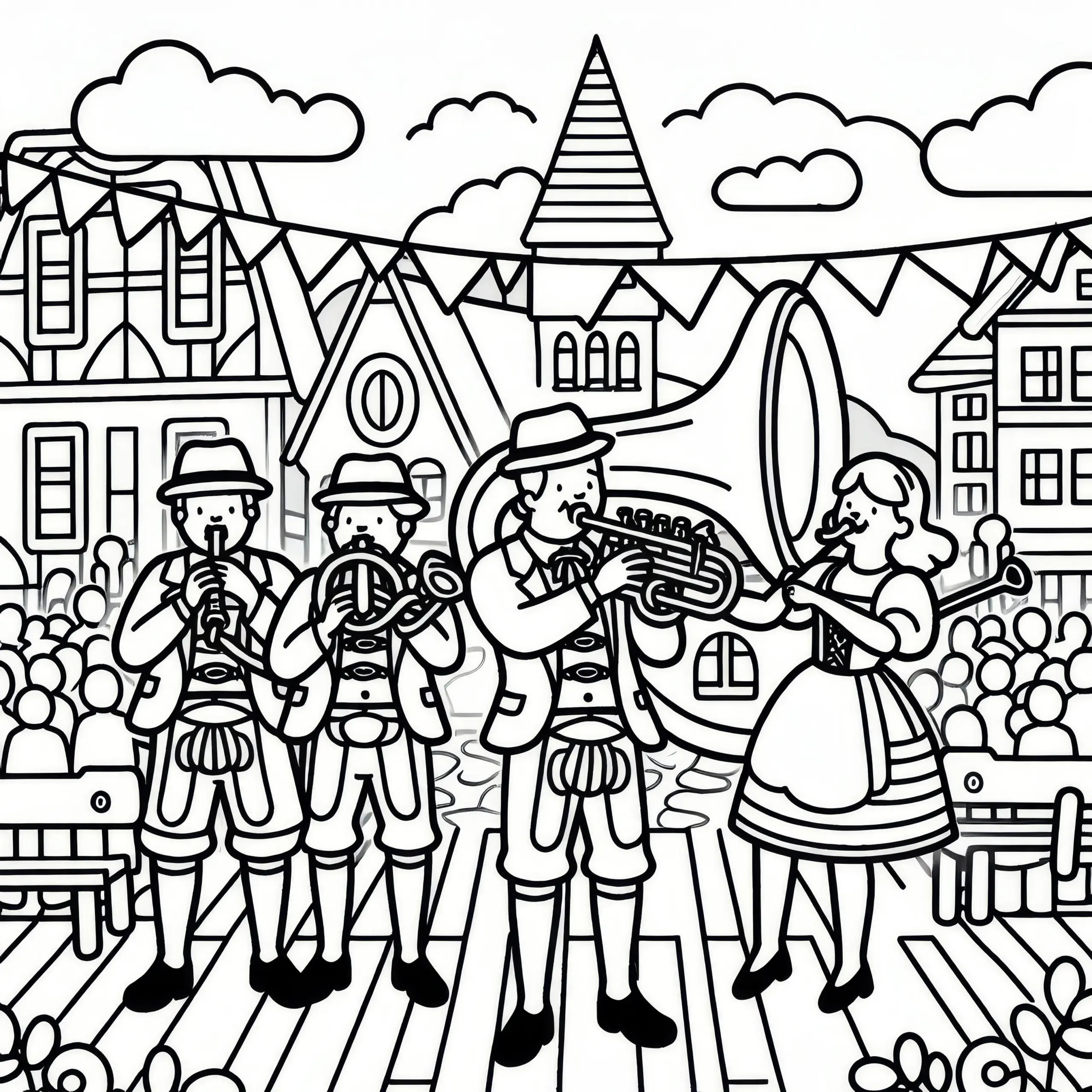 Blaskapelle auf dem Oktoberfest: Einfaches Ausmalbild (Kostenloses)