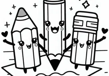 Bleistiftfamilie mit Gesichtern malt lachend – Ausmalbild im Kawaii-Stil
