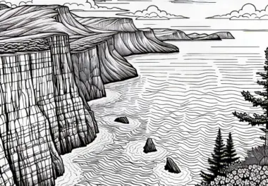 Blick auf das weite Meer mit Klippen – Ausmalbild Landschaft kostenlos