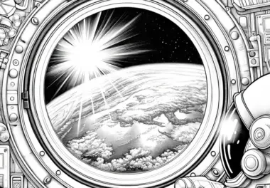 Blick auf die Erde durch das Fenster eines Raumschiffs – Ausmalbild kostenlos
