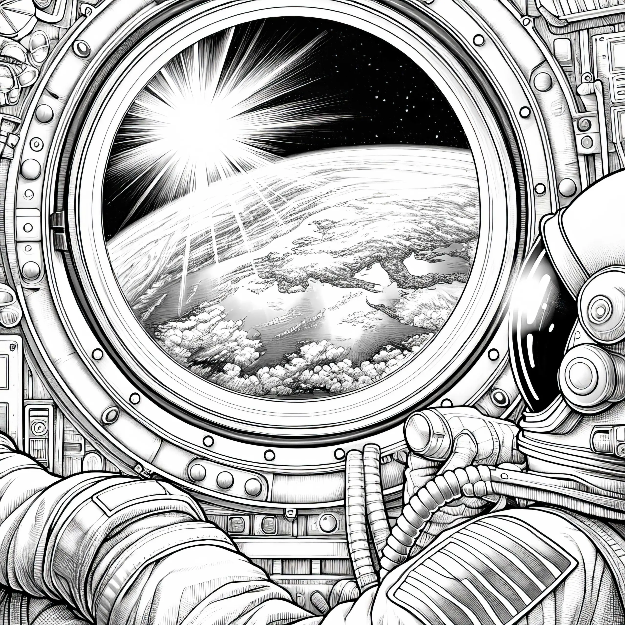 Blick auf die Erde durch das Fenster eines Raumschiffs – Ausmalbild kostenlos