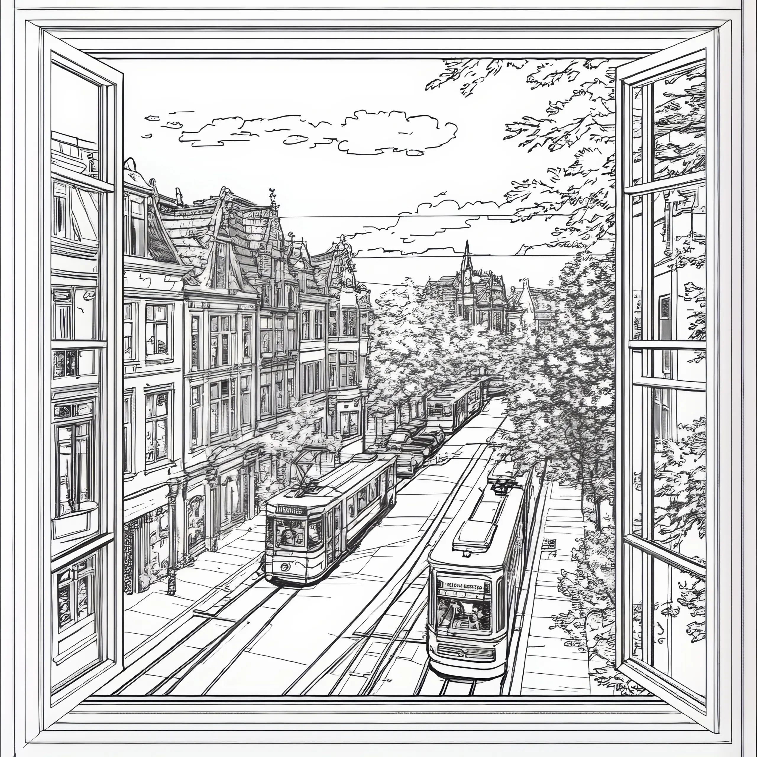 Blick durch ein Fenster auf die Stadt mit Straßenbahn: Wimmelbild zum Herunterladen (Kostenlos) (Ausmalbild)