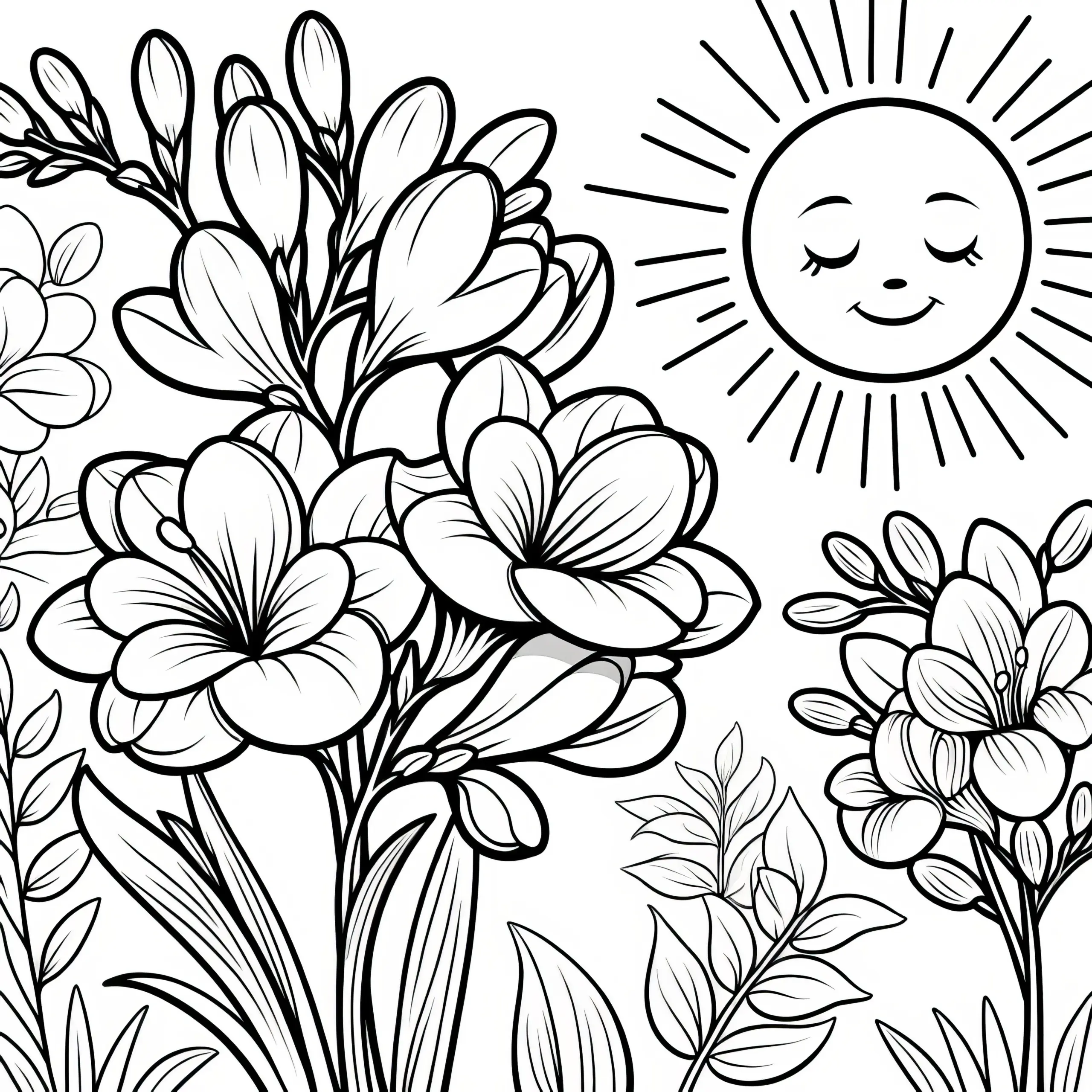 Blühende Freesien und Sonne: Malvorlage zum Download (Gratis) (Ausmalbild)