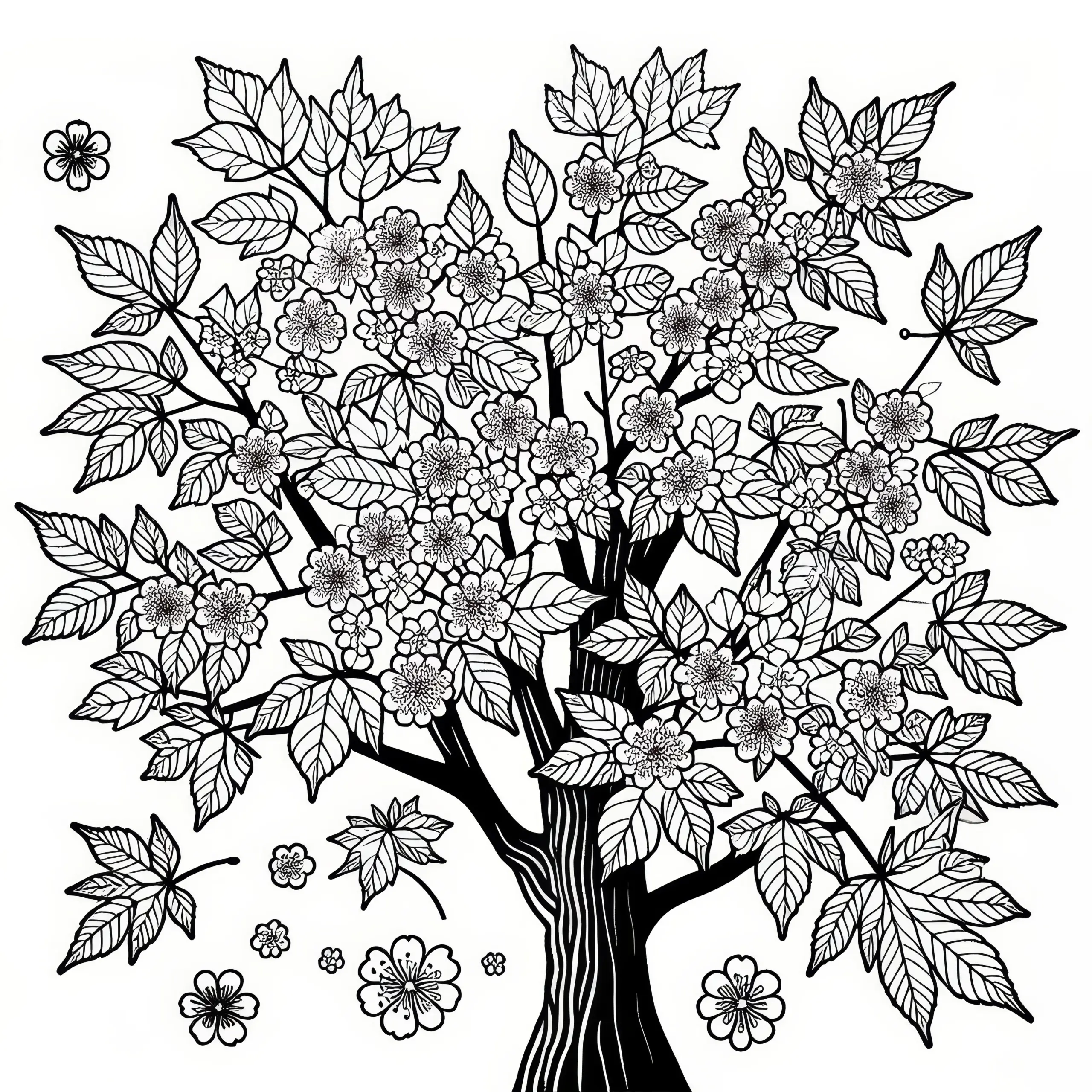 Blühender Ahorn im Frühling als Ausmalbild (Gratis)