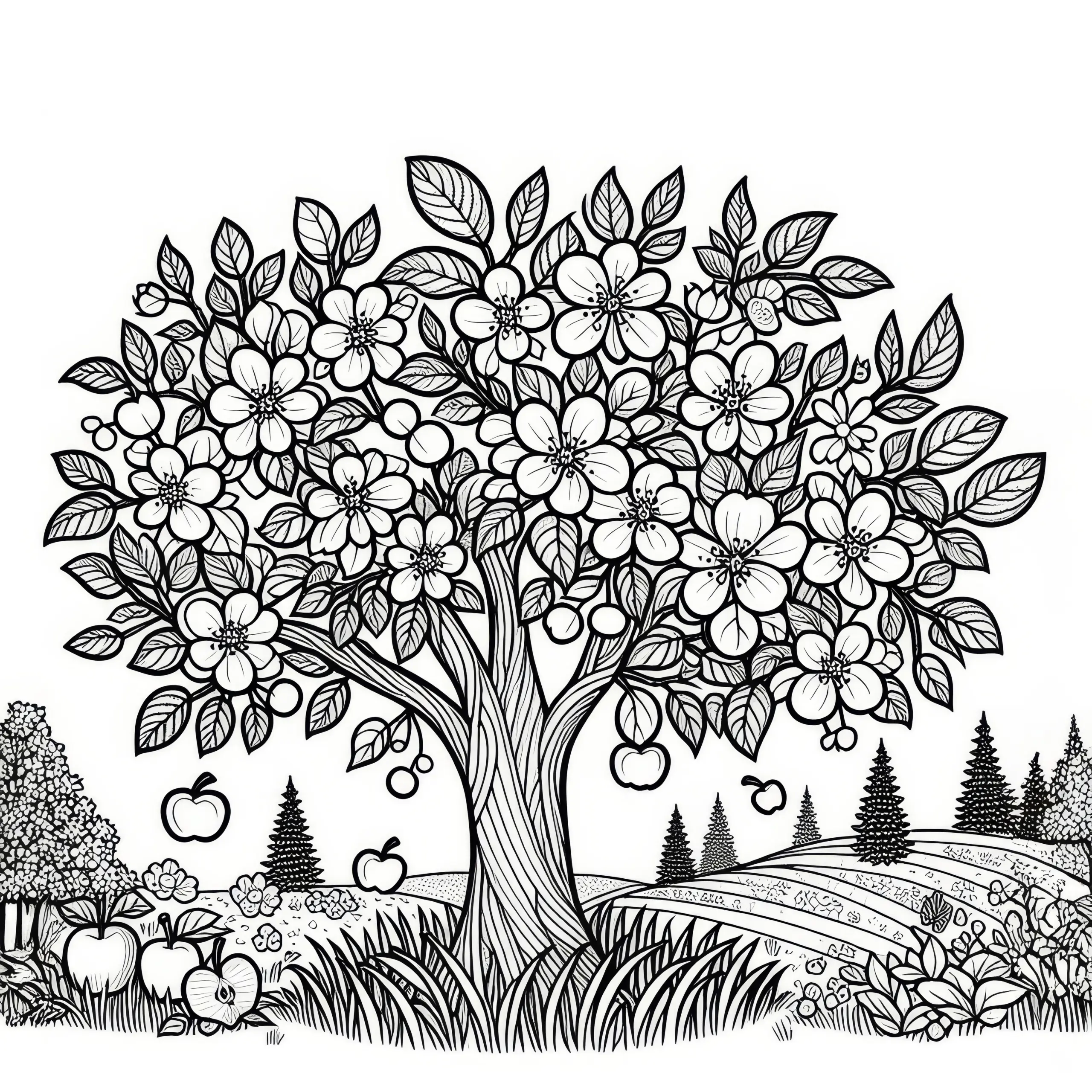 Blühender Apfelbaum in voller Pracht im Mai: Gratis Malvorlage (Ausmalbild)