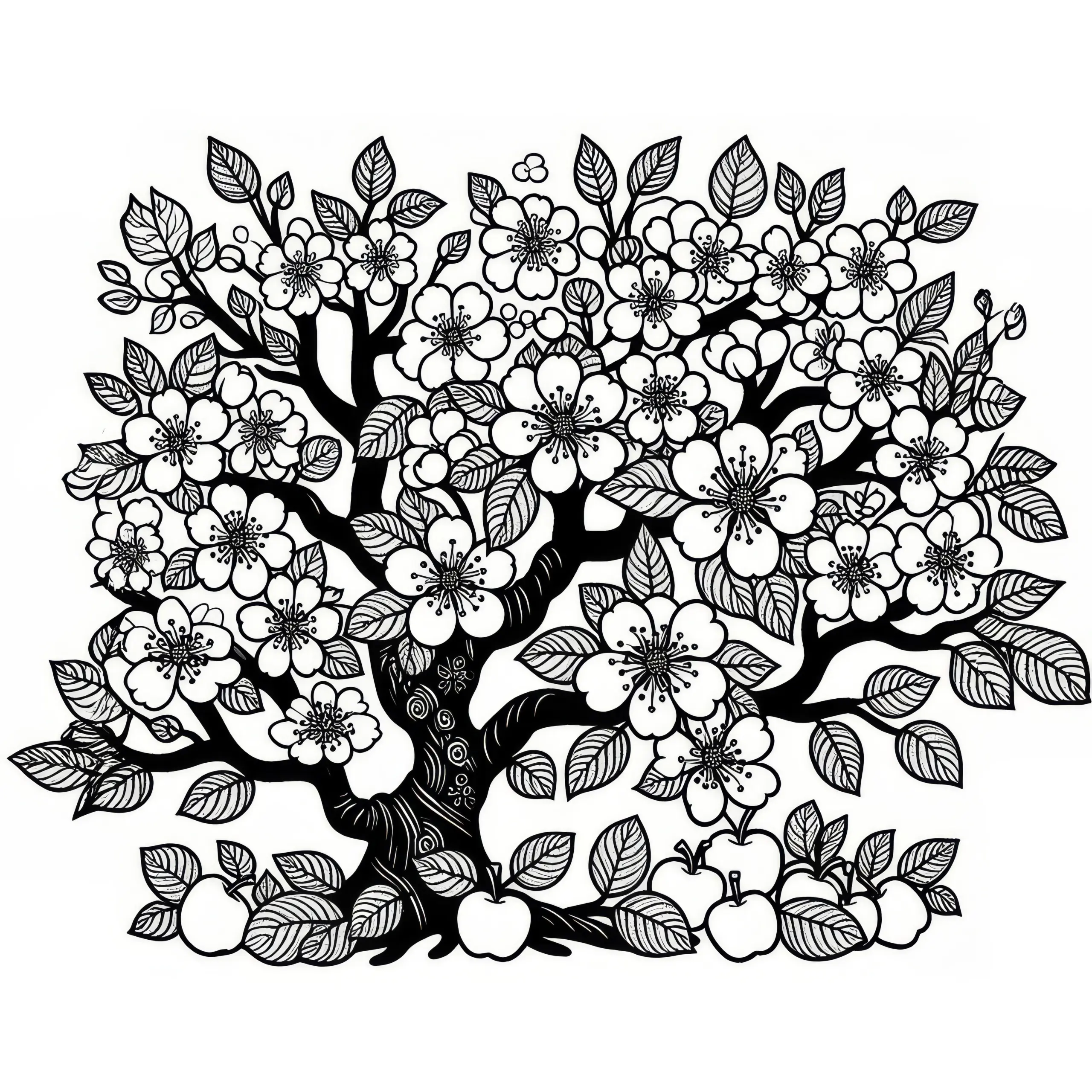 Blühender Birnbaum im Frühling: kostenlose Malvorlage (Ausmalbild)