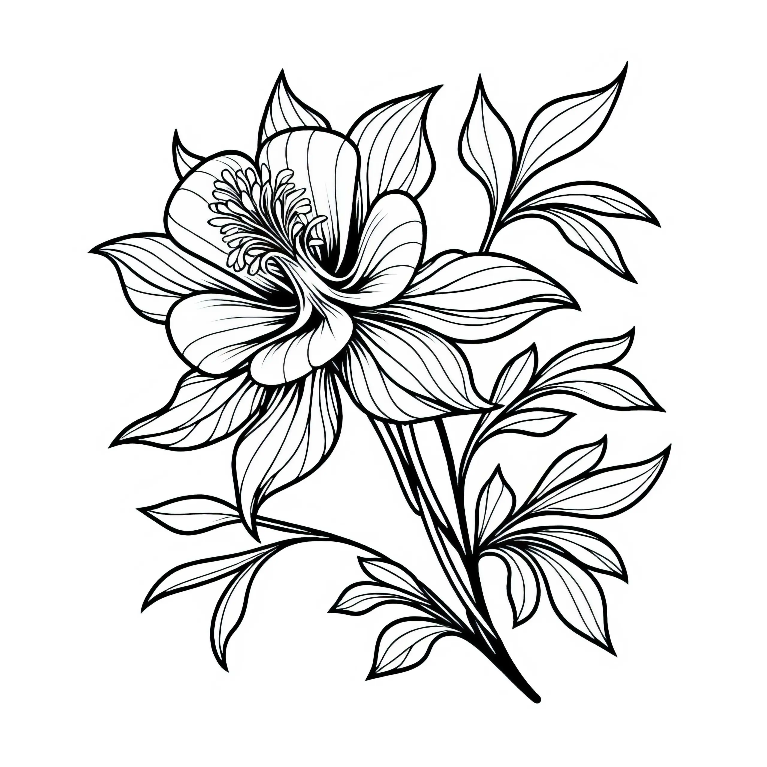 Blüte der Blume Akelei mit geschwungenen eleganten Blütenblättern – Malvorlage kostenlos (Ausmalbild)
