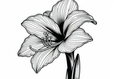 Blüte der Amaryllis mit trichterförmiger Form und leicht gebogenen Blättern – Malvorlage kostenlos