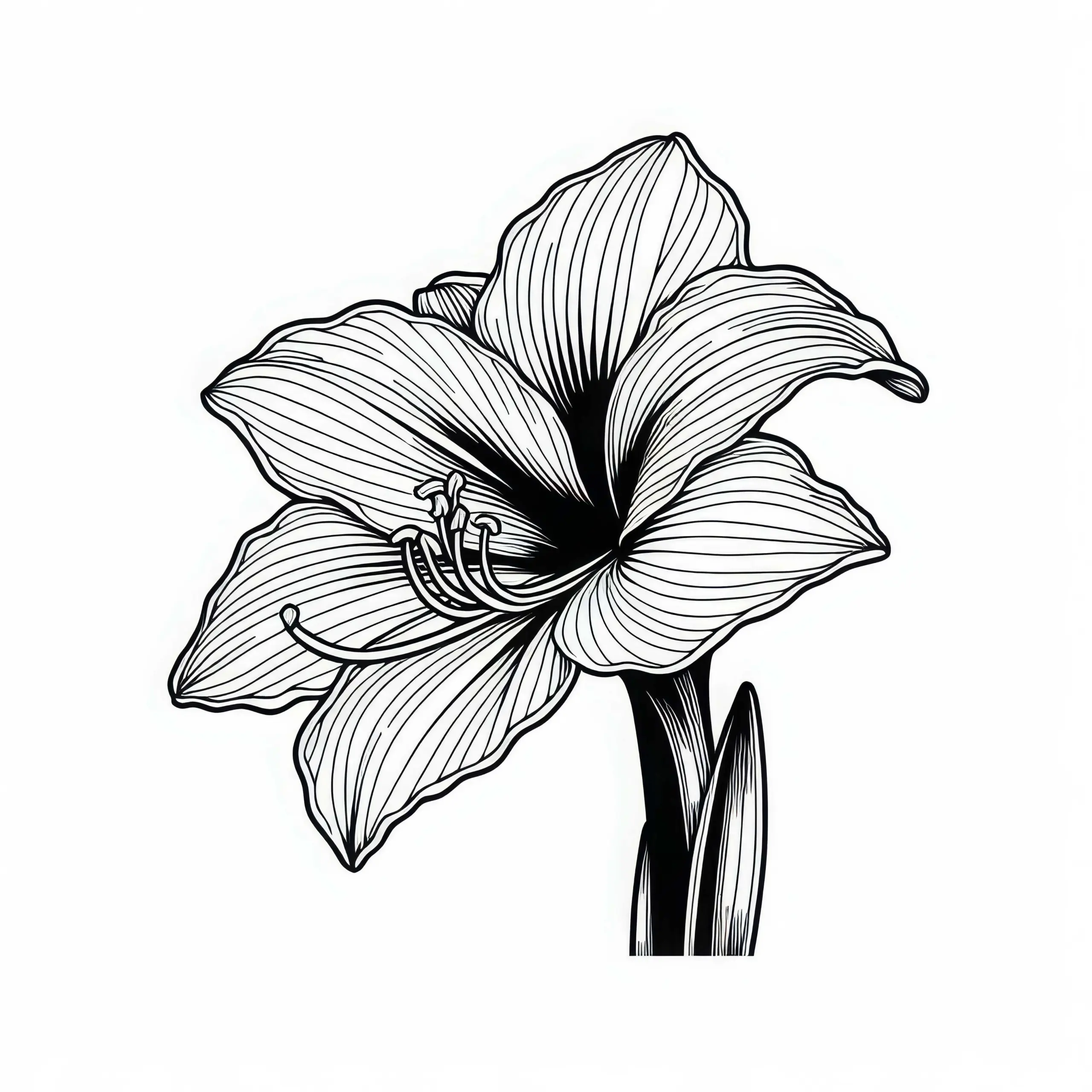 Blüte der Amaryllis mit trichterförmiger Form und leicht gebogenen Blättern – Malvorlage kostenlos (Ausmalbild)