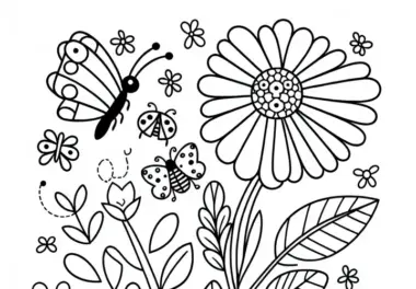 Blumen mit Schmetterlingen und Marienkäfern: Malvorlage kostenlos herunterladen