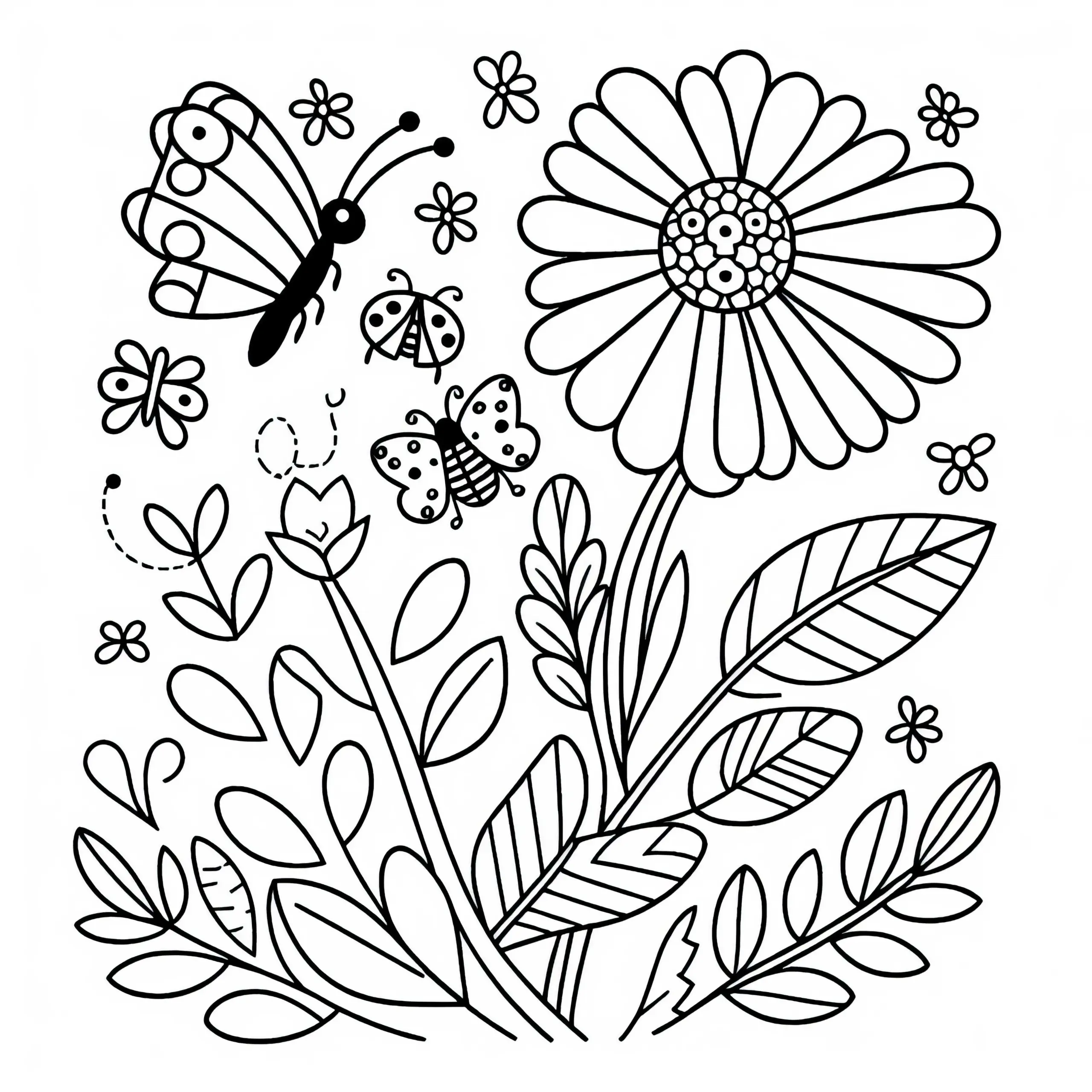 Blumen mit Schmetterlingen und Marienkäfern: Malvorlage kostenlos herunterladen (Ausmalbild)