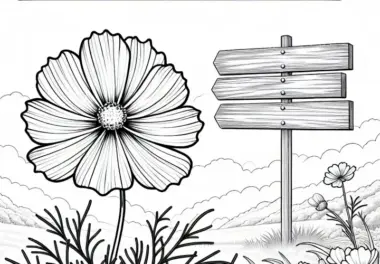 Ausmalbild von einer Blume in einem Schmuckkörbchen, die sich sanft im Wind wiegt, nahe einem Holzschild