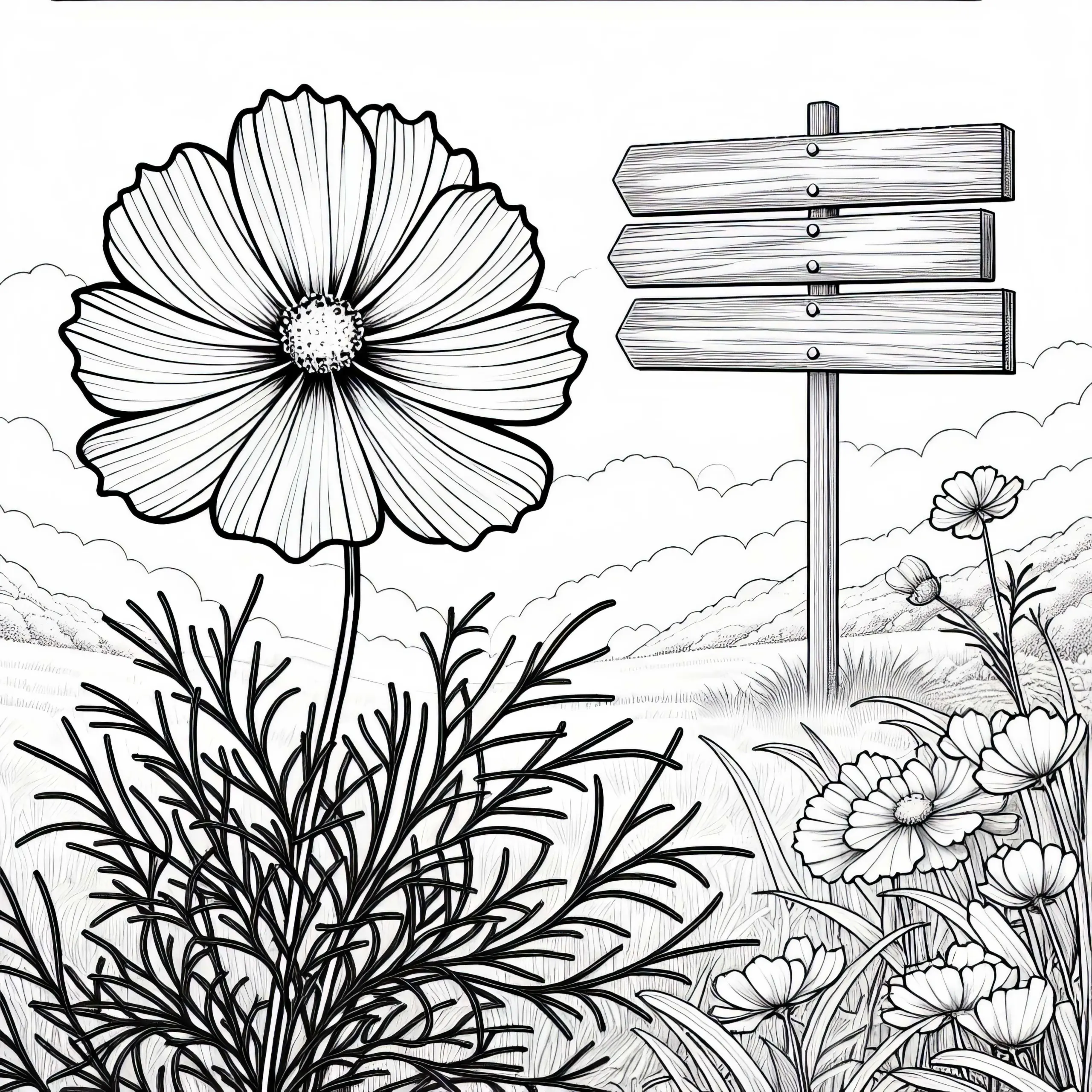 Ausmalbild von einer Blume in einem Schmuckkörbchen, die sich sanft im Wind wiegt, nahe einem Holzschild