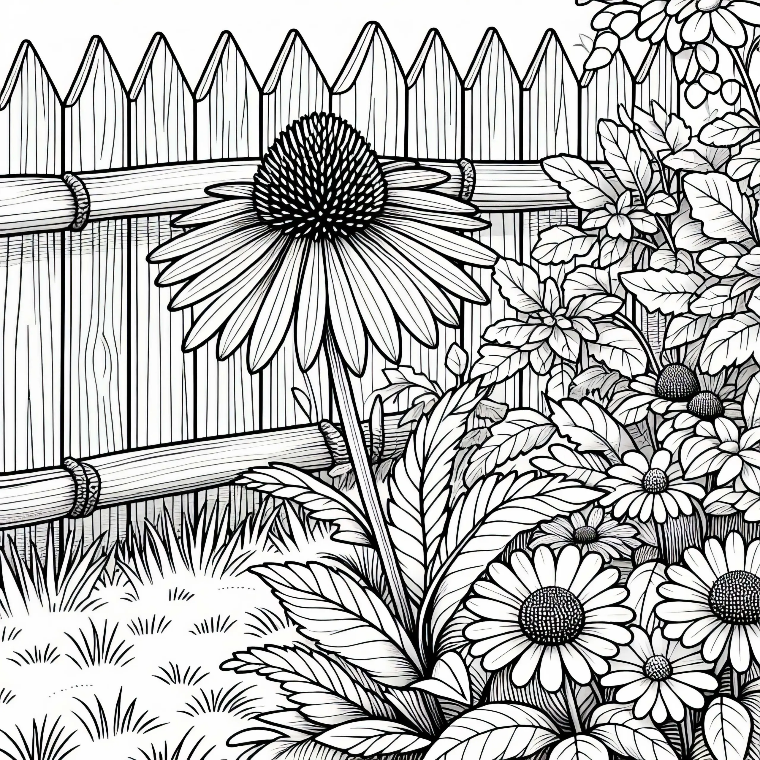 Blumen-Sonnenhut wächst im Garten – Malvorlage kostenlos (Ausmalbild)