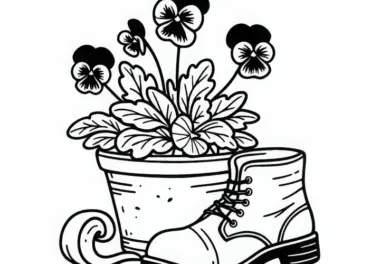 Stiefmütterchen im Topf neben Gartenschuh – Ausmalbild kostenlos