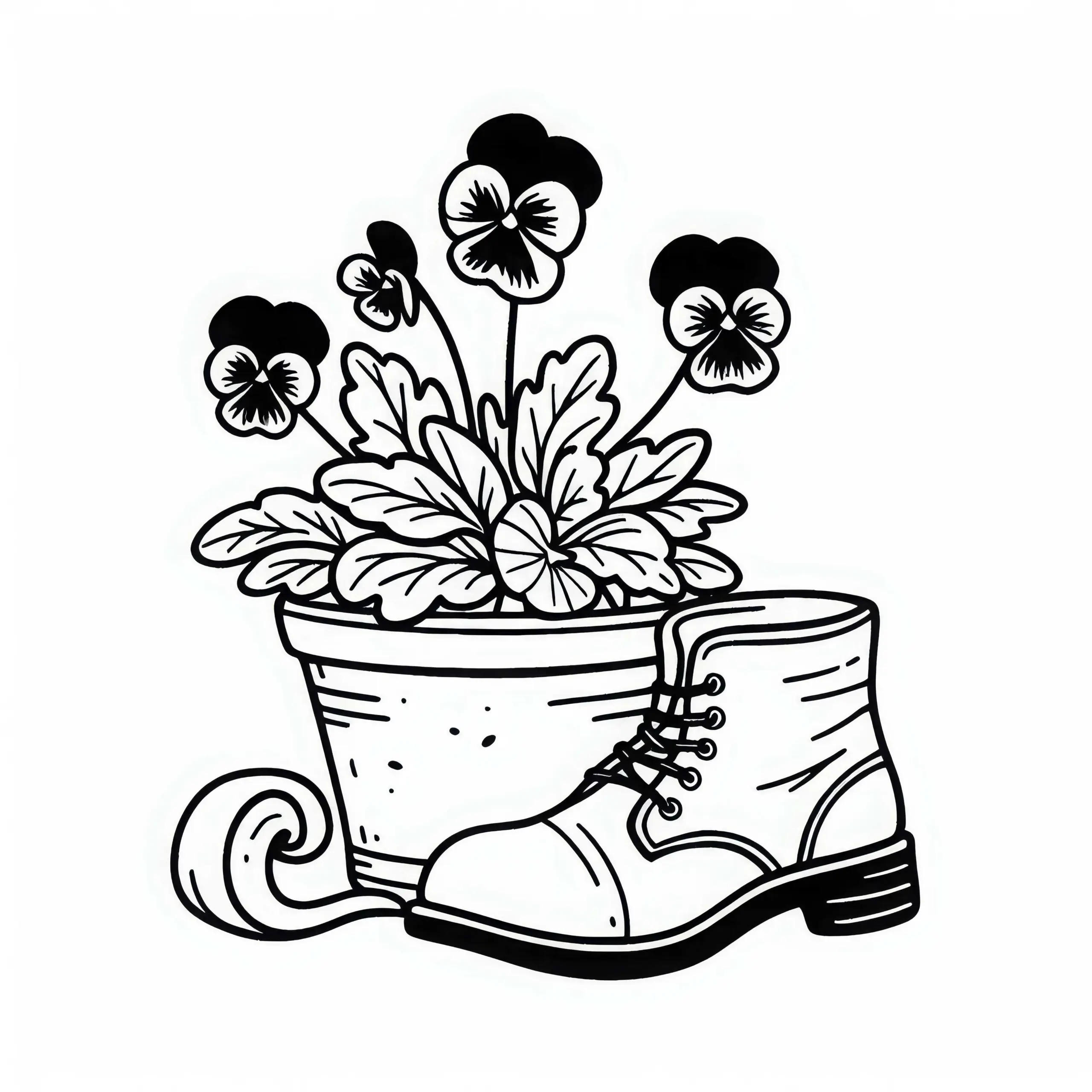 Stiefmütterchen im Topf neben Gartenschuh – Ausmalbild kostenlos