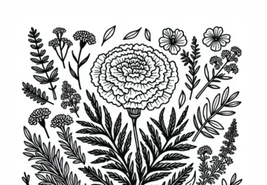 Ausmalbild von Tagetes zwischen Kräutern – Kostenloser Download