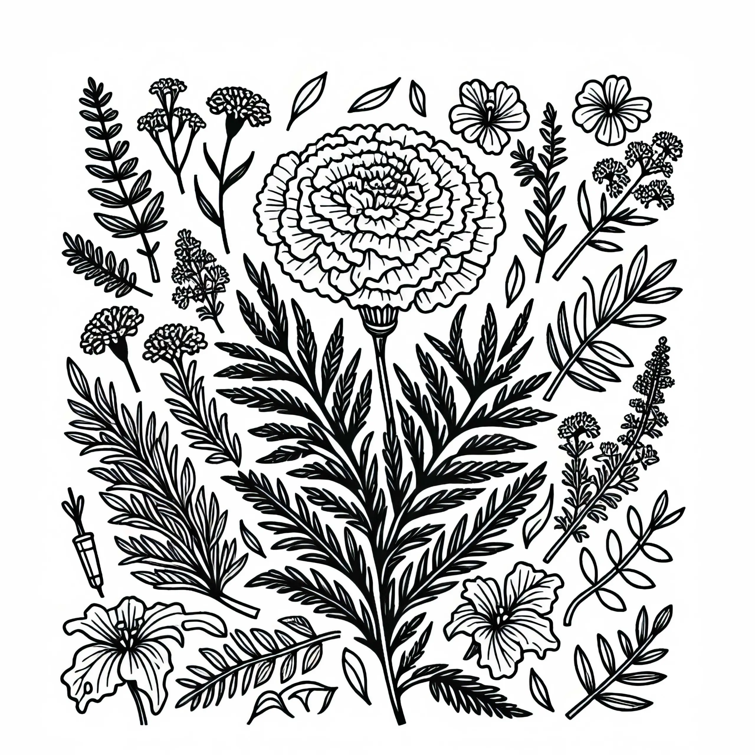 Ausmalbild von Tagetes zwischen Kräutern – Kostenloser Download