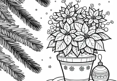 Blume Weihnachtsstern in festlichem Übertopf neben Tannenzweigen – Malvorlage kostenlos