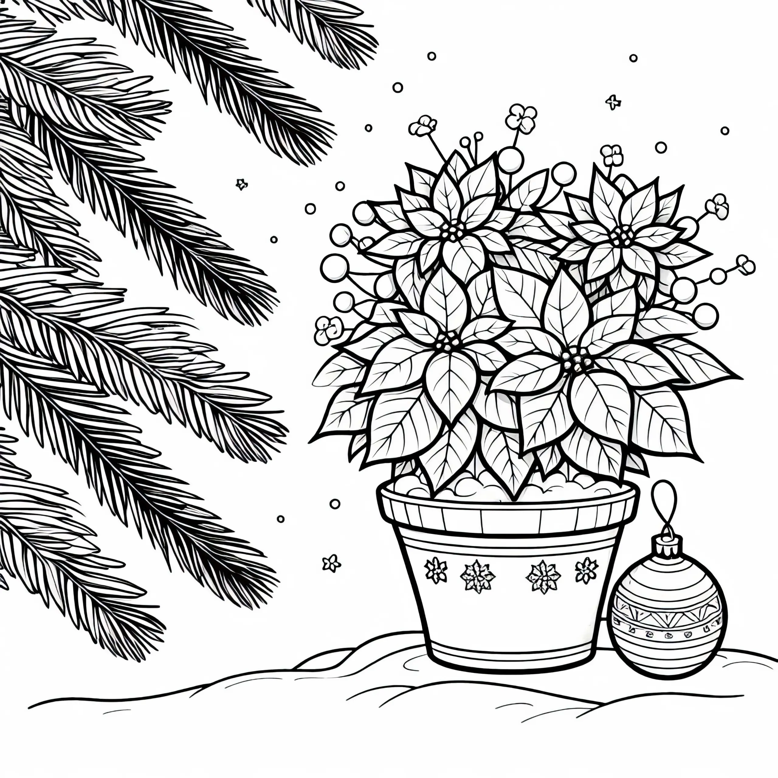 Blume Weihnachtsstern in festlichem Übertopf neben Tannenzweigen – Malvorlage kostenlos (Ausmalbild)