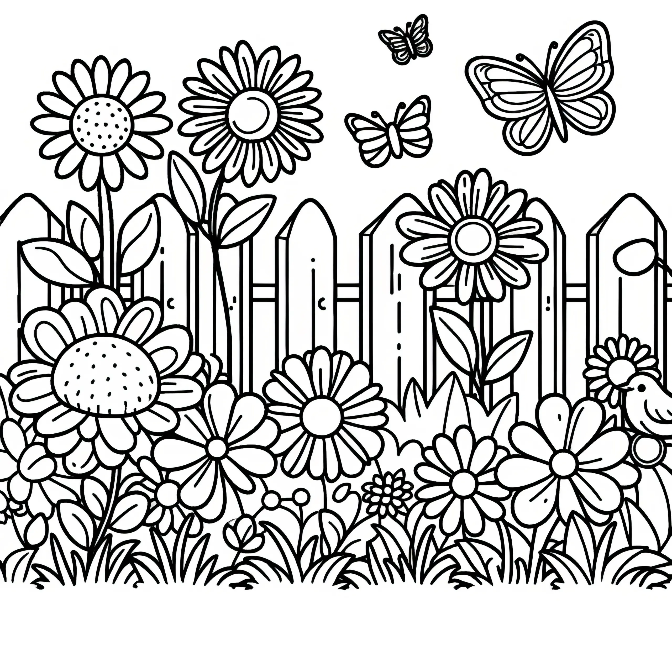 Blumen am Gartenzaun: Ausmalbild kostenlos