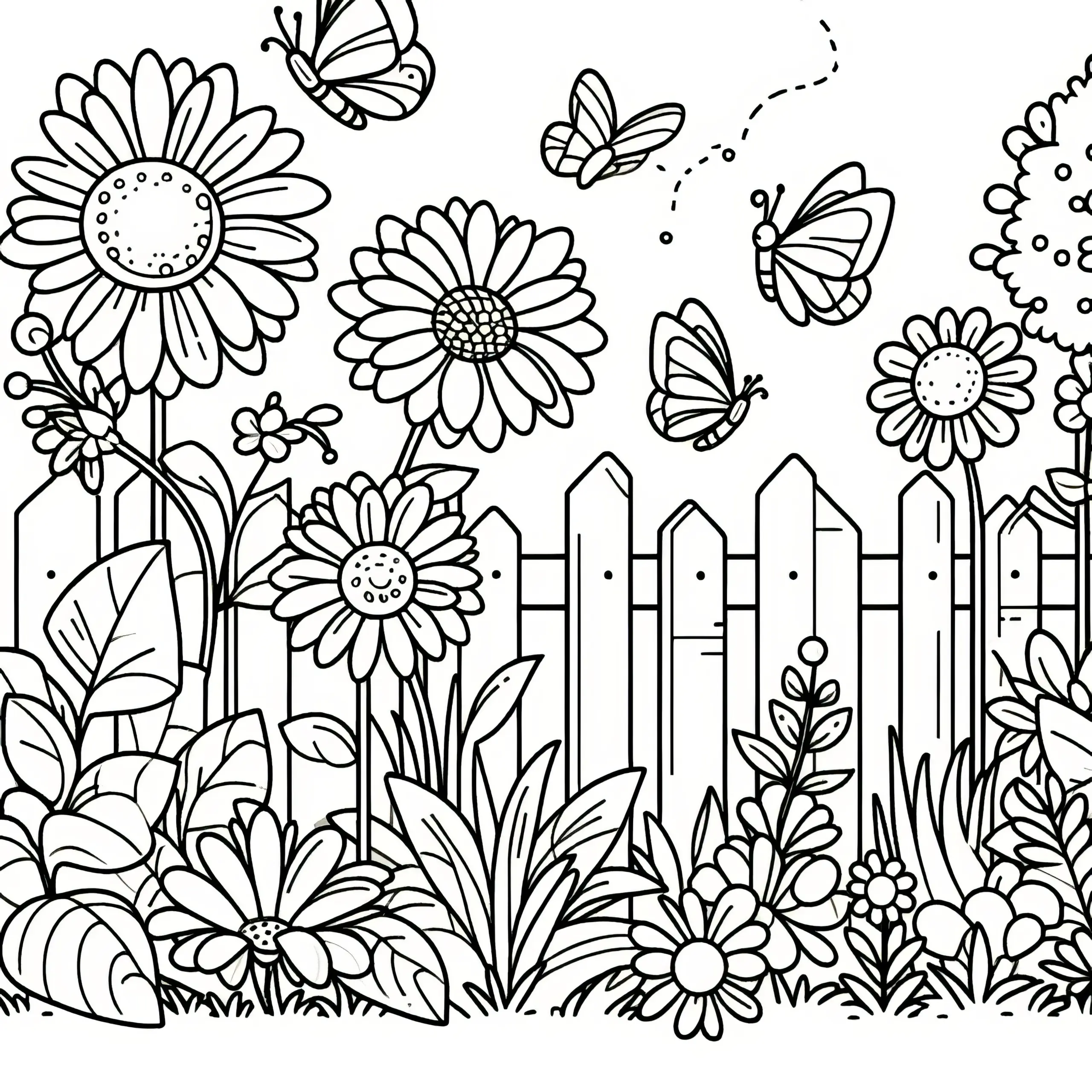Blumen am Gartenzaun mit Schmetterlingen: Malvorlage gratis (Ausmalbild)