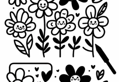 Blumen mit Gesicht und lächeln – Malvorlage einfach für Kinder kostenlos
