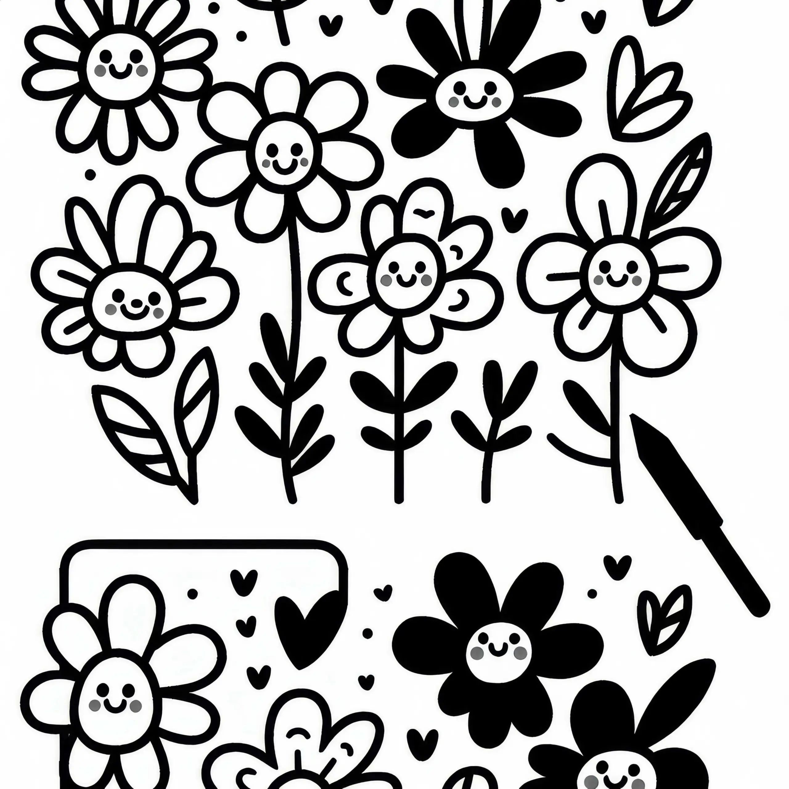 Blumen mit Gesicht und lächeln – Malvorlage einfach für Kinder kostenlos (Ausmalbild)
