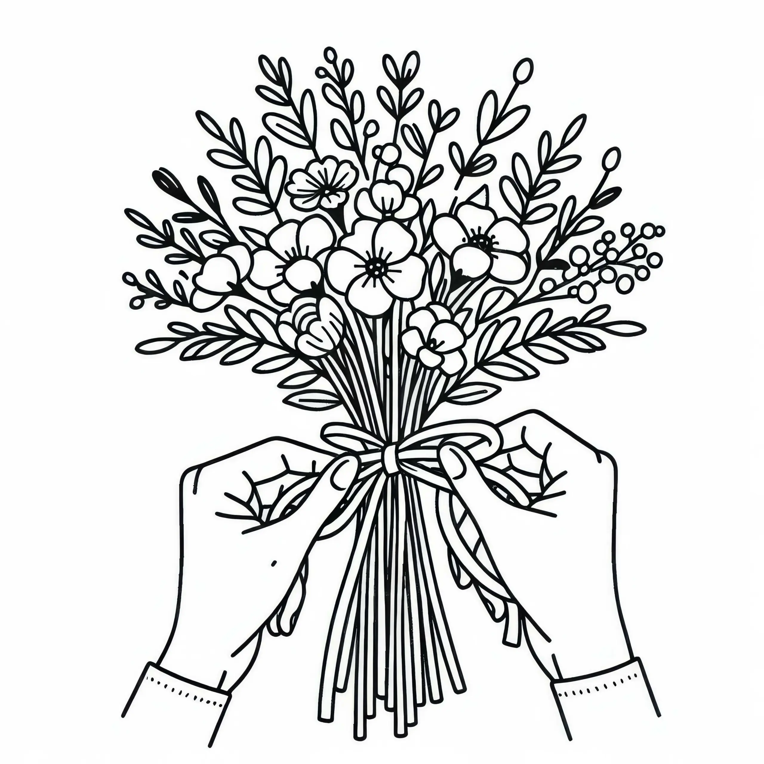 Blumen werden zu Strauß gebunden – Malvorlage kostenlos (Ausmalbild)