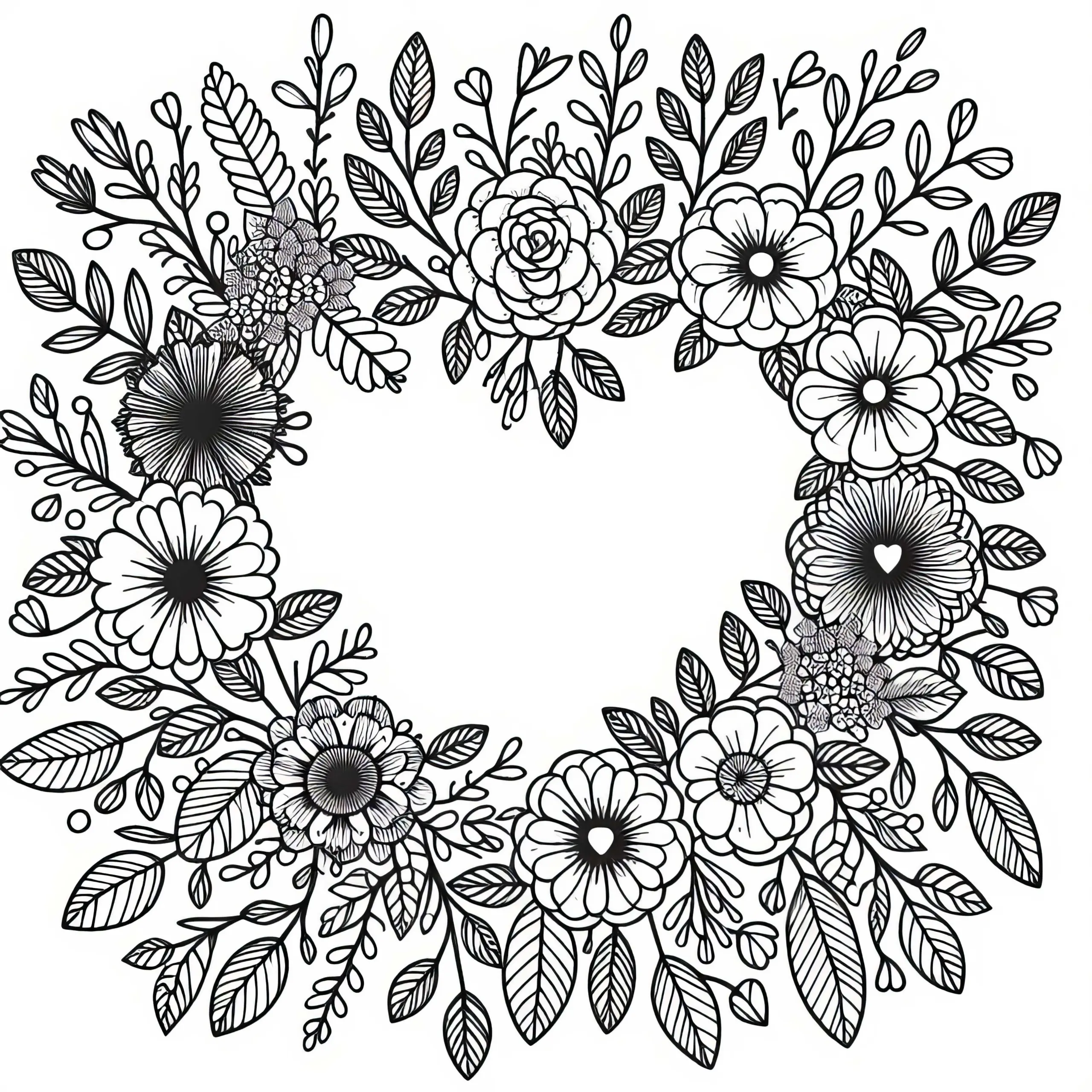 Blumenkranz in Herzform – Ausmalbild kostenlos