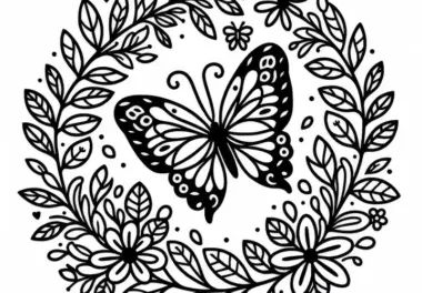 Blumenkranz mit Schmetterling – Malvorlage gratis