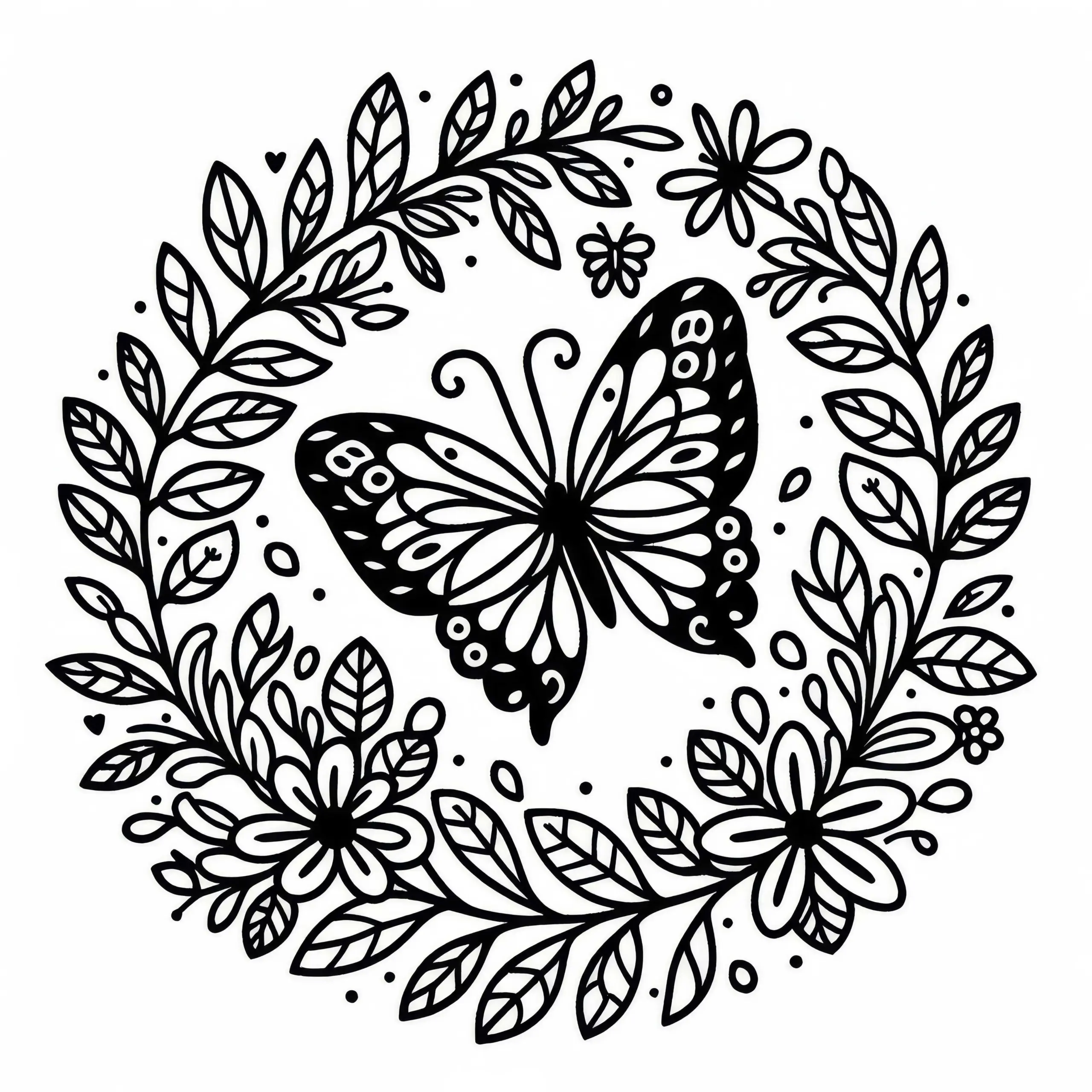 Blumenkranz mit Schmetterling – Malvorlage gratis (Ausmalbild)