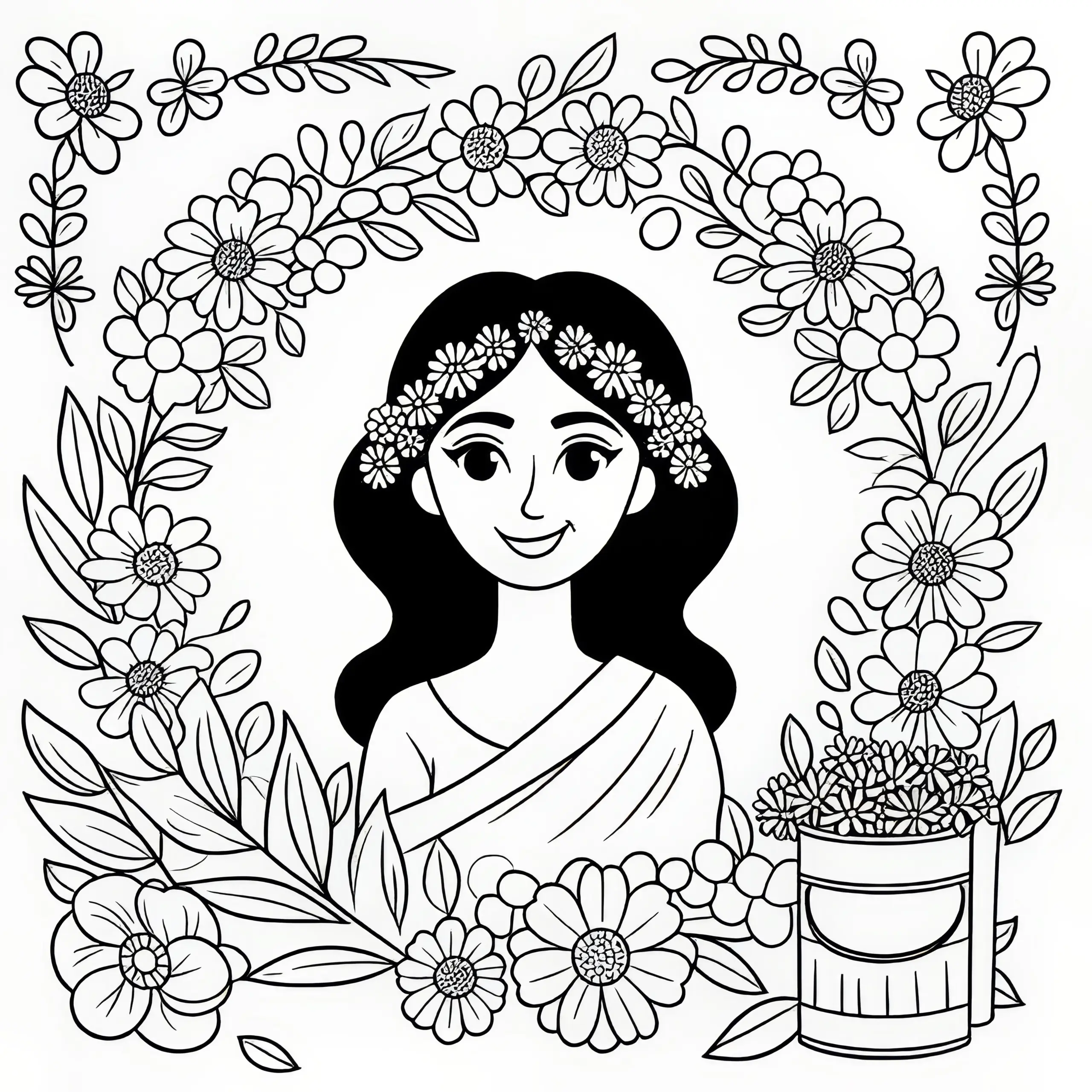 Blumenkranz mit einem Portrait einer lächelnden Frau: Frauentag Ausmalbild (Kostenlos)