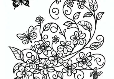 Blumenranke mit Schmetterlingen – Ausmalbild gratis