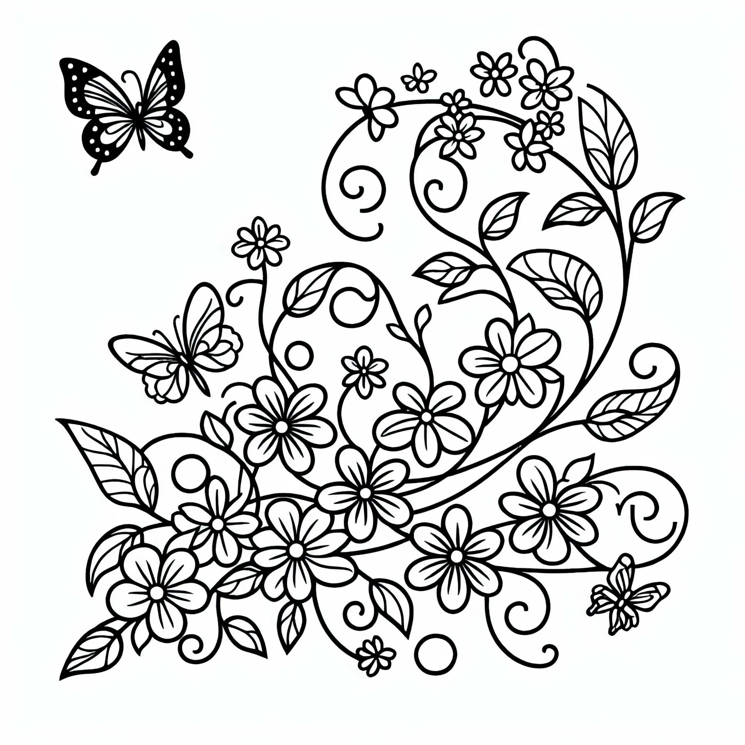 Blumenranke mit Schmetterlingen – Ausmalbild gratis