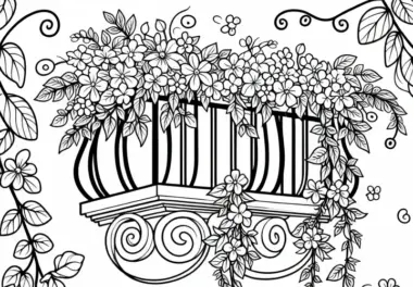 Blumenranken hängen vom Balkon – Ausmalbild gratis