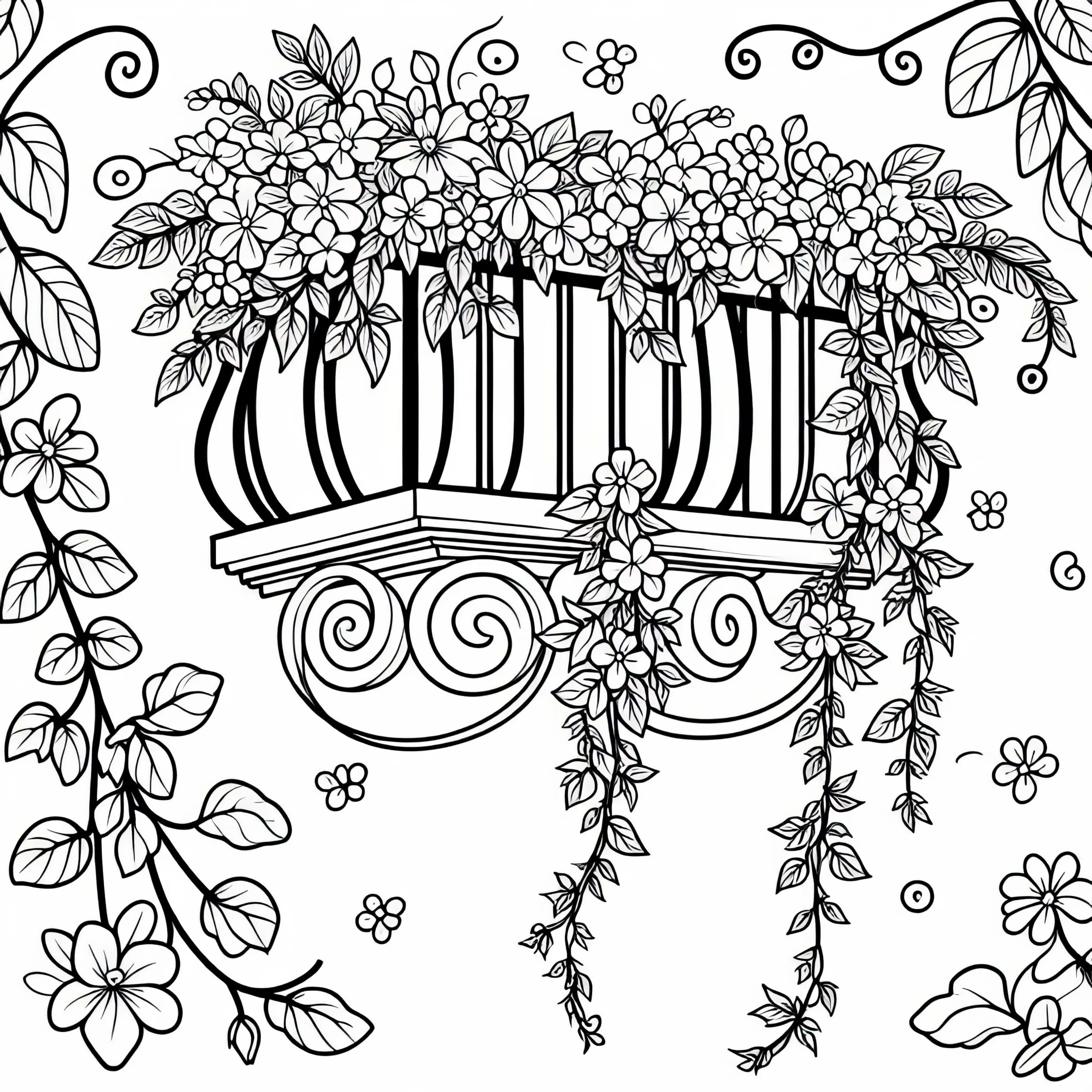 Blumenranken hängen vom Balkon – Ausmalbild gratis