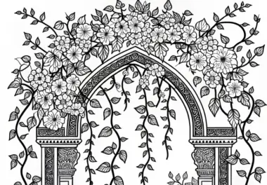 Blumenranken klettern am Torbogen empor – Ausmalbild kostenlos