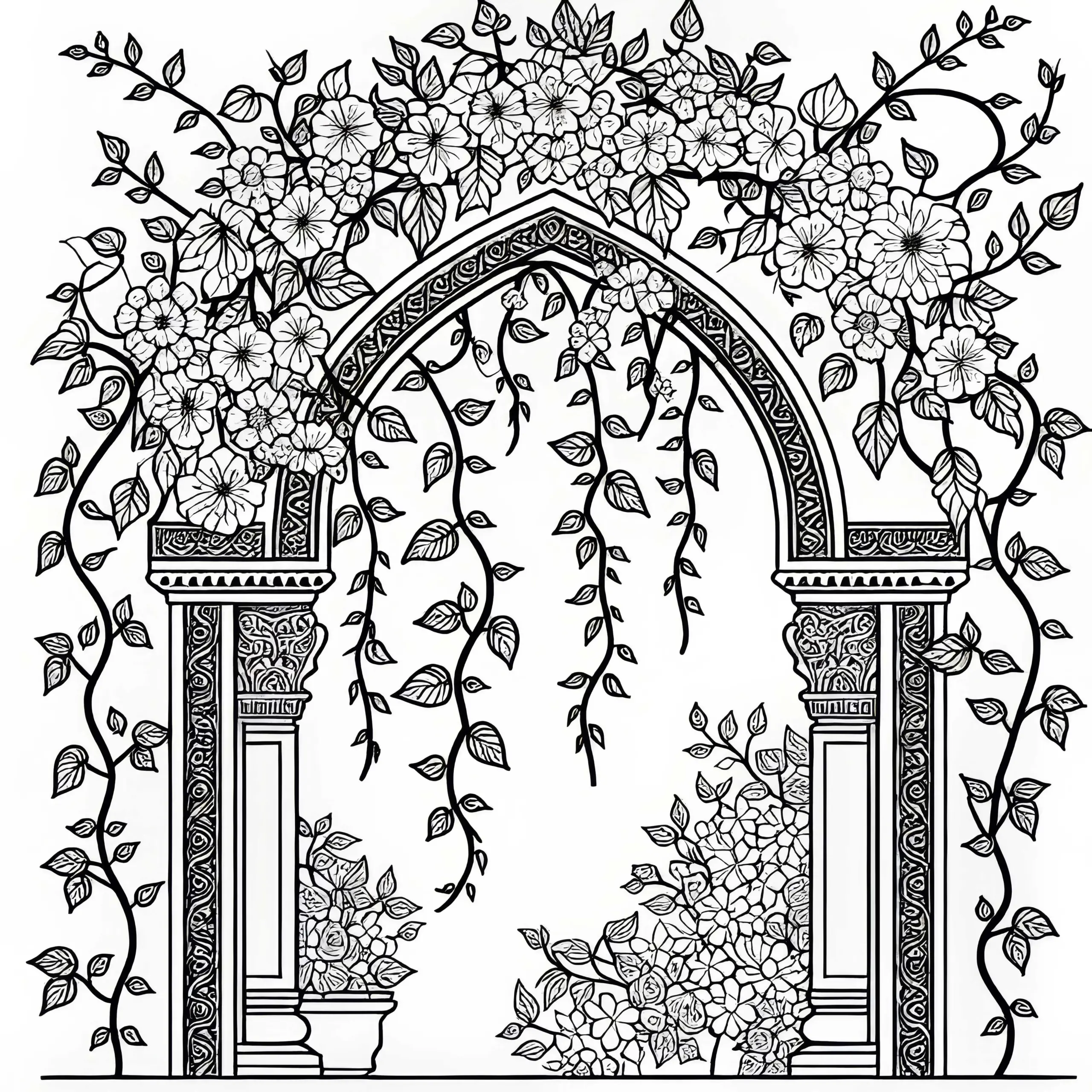 Blumenranken klettern am Torbogen empor – Ausmalbild kostenlos